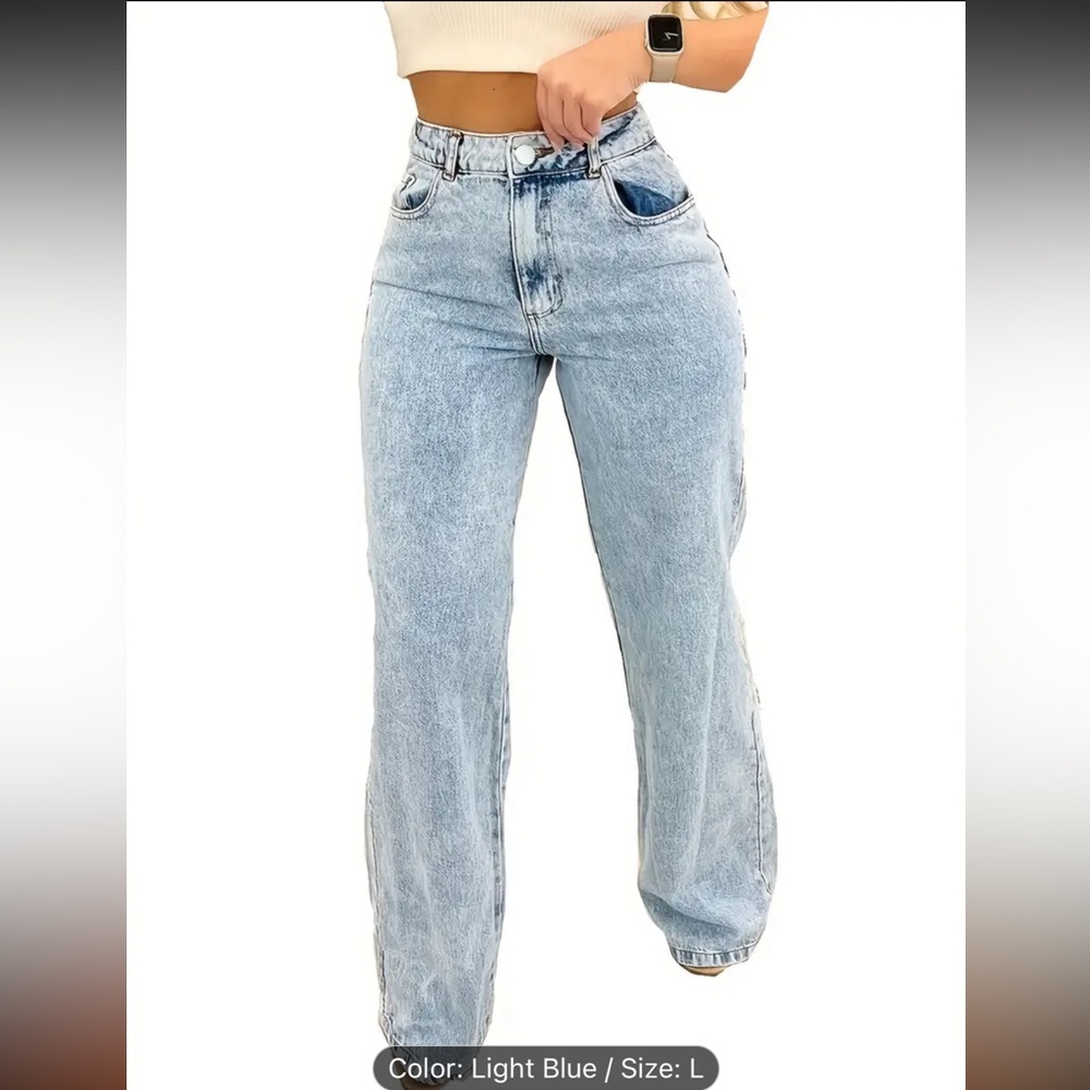 Women's High Rise Loose Fit Blue Jeans with Slash Pockets